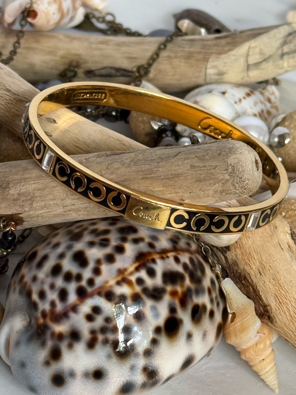Coach Signature C Gold-Tone and Black Enamel Bangle with Crystal Embellishment
